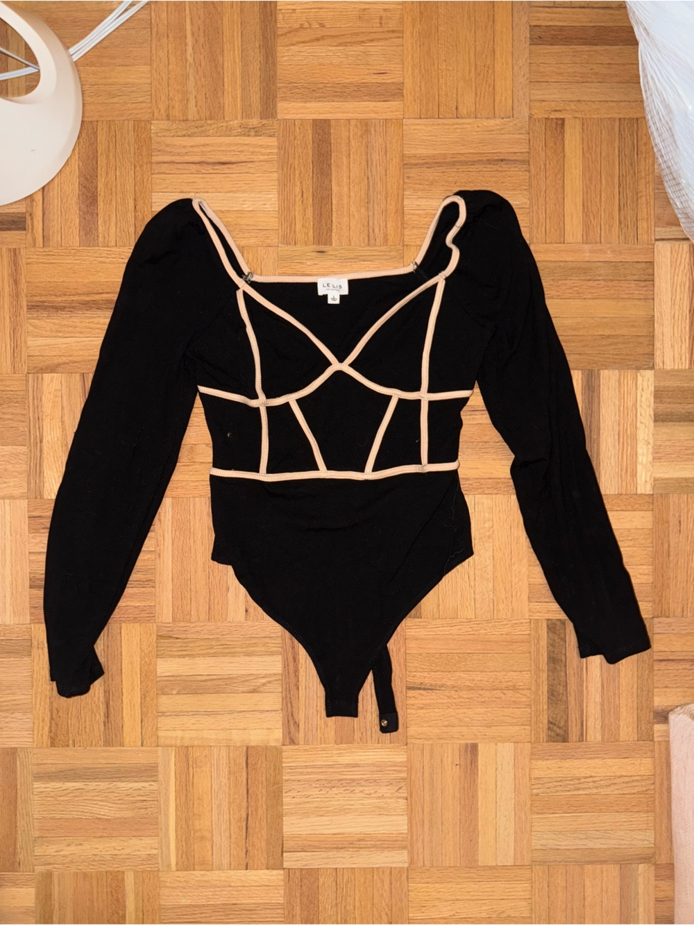 Le Lis Black Bodysuit with Beige Contrast Trim